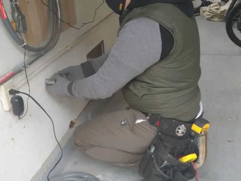 Electrician performing outlet wiring in a St. Clair garage